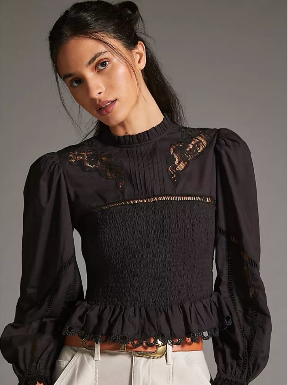 FARM Rio Black Smocked Lace-Inset Puff Sleeve Blouse
